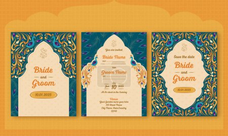 Illustration for Beautiful Indian Wedding Card Templates Design with Peacock in Blue and Beige Color. - Royalty Free Image