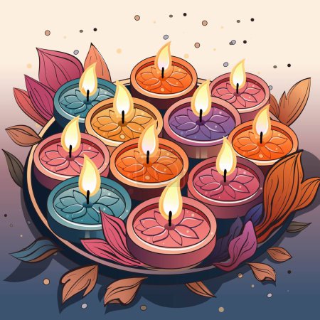 Illustration for Multicolor Illuminated Tea Candles on Plate Decorated with Leaves for Home Decoration During Diwali Celebration. - Royalty Free Image