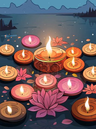 Illustration for Illuminated Tea Candles and Lotus Flowers Floating on Water for Diwali Celebration. - Royalty Free Image