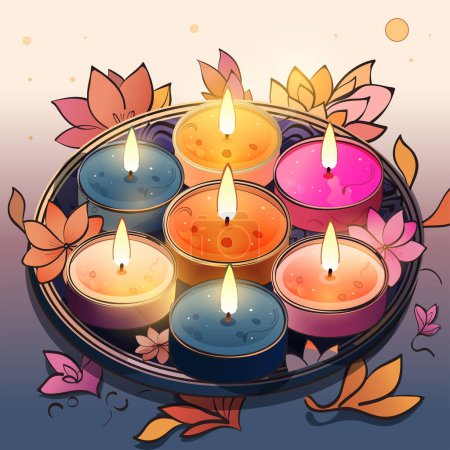 Illustration for Illuminated Tea Candles and Flowers on Plate for Home Decoration During Diwali Celebration. - Royalty Free Image