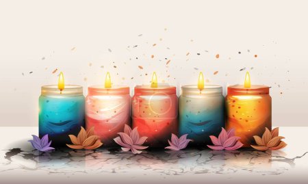Illustration for Multicolored Illuminated Mini Jar Candles and Flowers, Can Be Used as Home Decorations. - Royalty Free Image