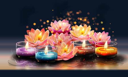 Illustration for Beautiful Illuminated Flower and Tea Light Candles Decorated on Bokeh Background. Diwali Celebration Concept. - Royalty Free Image