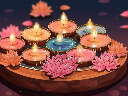 Illustration for Floating Illuminated Tea Candles and Lotus Flower Inside Water Bowl for Diwali Celebration. - Royalty Free Image