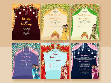 Téléchargez les illustrations : Carte d'invitation de mariage floral indien comme Haldi, Mehndi, Sangeet, Pheras et modèle de cérémonie de réception. - en licence libre de droit