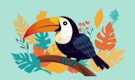 Isolated Adorable Toucan Sitting on Tree Branch, Colorful Leaves Backgorund.