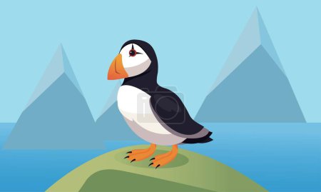 Illustration for Isolated Little Puffin Sitting on Mountain. Vector Illustration. - Royalty Free Image