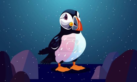 Illustration for Isolated Little Puffin Sitting on Mountain with Snowfall in Dark Background. - Royalty Free Image