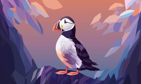 Illustration for Isolated Little Puffin Sitting on Colorful Mountain. - Royalty Free Image