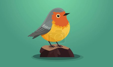 Téléchargez les illustrations : Robbin isolé personnage d'oiseau assis sur le rocher dans un fond vert pastel. - en licence libre de droit