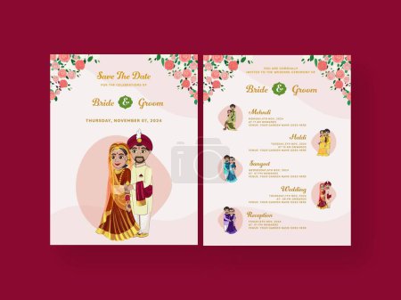 Ilustración de Plantilla de tarjeta de invitación de boda india con carácter de novio de novia en traje tradicional. - Imagen libre de derechos