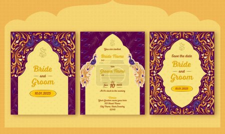 Illustration for Beautiful Indian Wedding Card Templates Design with Peacock in Yellow and Purple Color. - Royalty Free Image