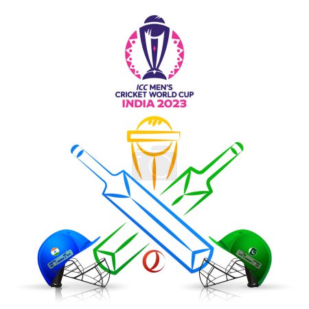 Ilustración de ICC Copa Mundial de Cricket Masculino India 2023 Partido Entre la India VS Pakistán con Cascos de Traje de Cricket, Campeones Copa Trofeo y Murciélagos Cruzados. - Imagen libre de derechos