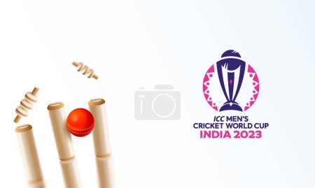Ilustración de ICC Copa Mundial de Cricket Masculino India 2023 Diseño de pancartas en color blanco, Vista de cerca de la bola roja golpeando los muñones de mimbre. - Imagen libre de derechos