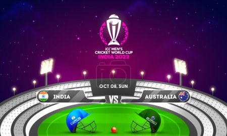 Ilustración de ICC Copa Mundial de Cricket Masculino India 2023 Partido Entre la India VS Australia con Cascos de Traje de Cricket en el Fondo del Estadio. - Imagen libre de derechos