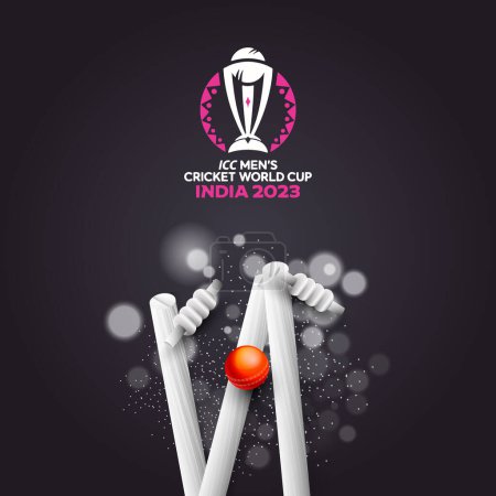 Illustration for ICC Men's Cricket World Cup India 2023 Poster Design in Black Color, Closeup View of Realistic Red Ball Hitting The Wicket Stumps. - Royalty Free Image
