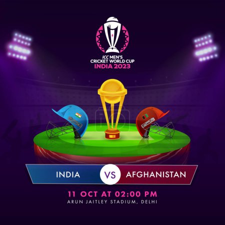 Illustration for ICC Men's Cricket World Cup India 2023 Match Between India VS Afghanistan with Cricket Attire Helmets, Golden Champions Trophy Cup on 3D Half Ball. - Royalty Free Image