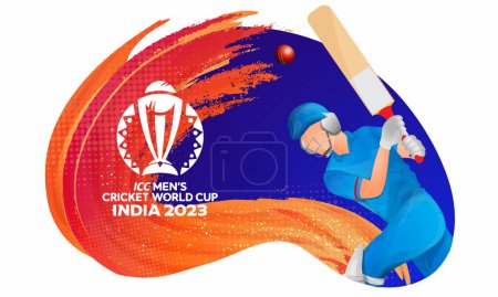 Ilustración de ICC Copa Mundial de Cricket Masculino India 2023 Diseño de la bandera con el personaje del jugador de bateo de cricket en el fondo del efecto de pincelada. - Imagen libre de derechos