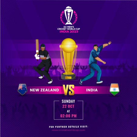 Ilustración de Copa Mundial de Cricket Masculino ICC India 2023 Partido entre Nueva Zelanda vs India de Jugadores de Cricket y Campeones de Oro Trofeo Copa en Abanicos de Silueta Animando Fondo Morado. - Imagen libre de derechos