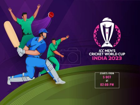 Téléchargez les illustrations : Coupe du monde de cricket masculin ICC Inde 2023 Conception de bannière avec le caractère des joueurs de cricket. - en licence libre de droit