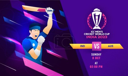 Illustration for ICC Men's Cricket World Cup India 2023 Match Between India VS Australia with Illustration of Batter Player in Winning Pose on Purple Abstract Background. - Royalty Free Image