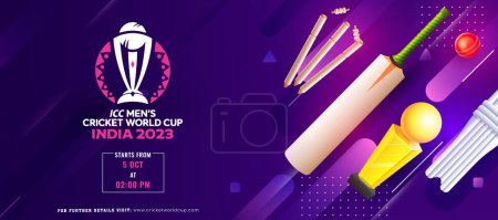 Illustration for ICC Men's Cricket World Cup India 2023 Banner or Header Design in Purple Color, Realistic Cricket Tournaments with Golden Champions Trophy Cup. - Royalty Free Image