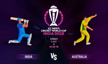 Ilustración de ICC Copa Mundial de Cricket Masculino India 2023 Partido Entre la India vs Australia Equipos. Diseño de banner publicitario en color púrpura. - Imagen libre de derechos