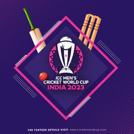 Illustration for ICC Men's Cricket World Cup India 2023 Poster Design in Purple Color and Realistic Cricket Tournaments. - Royalty Free Image