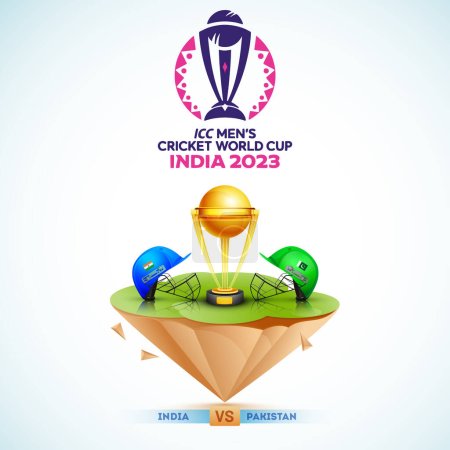 Illustration for ICC Men's Cricket World Cup India 2023 Match Between India VS Pakistan with Golden Champions Trophy Cup on Field. - Royalty Free Image