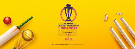 Ilustración de Copa Mundial de Cricket Masculino ICC India 2023 Banner o Header Design en color amarillo y torneos de cricket realistas. - Imagen libre de derechos