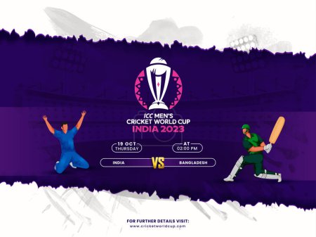 Ilustración de ICC Copa Mundial de Cricket Masculino India 2023 Partido Entre la India vs Bangladesh Equipos. Diseño de banner publicitario en color púrpura y blanco. - Imagen libre de derechos