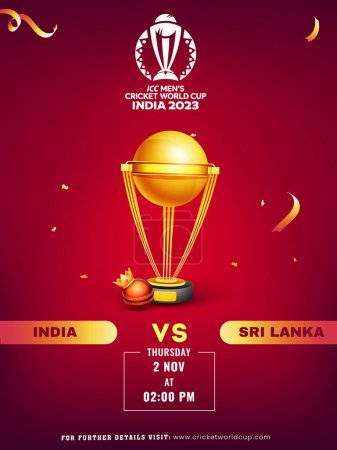 Ilustración de Copa Mundial de Cricket Masculino ICC India 2023 Partido entre India vs Sri Lanka con Corona Realista en la Pelota Roja y la Copa Trofeo de Campeones de Oro. - Imagen libre de derechos