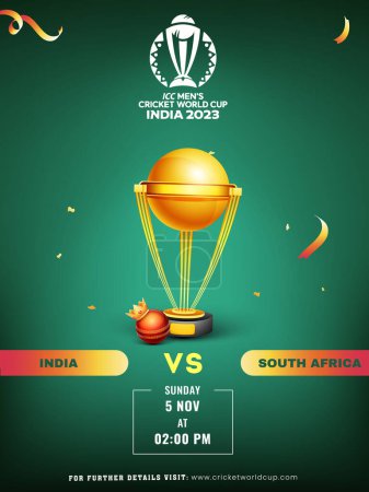 Ilustración de ICC Copa Mundial de Cricket Masculino India 2023 Partido entre la India VS Sudáfrica con corona realista en la bola roja y la Copa Trofeo de Campeones de Oro. - Imagen libre de derechos