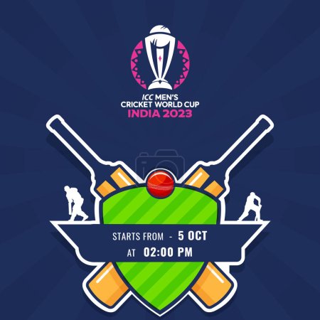 Ilustración de ICC Copa Mundial de Cricket Masculino India 2023 Diseño de póster en color azul, Estilo etiqueta cruzada murciélagos con bola roja, Escudo y Silueta jugadores. - Imagen libre de derechos