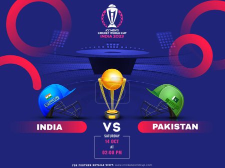 Ilustración de ICC Copa Mundial de Cricket Masculino India 2023 Partido entre India vs Pakistán con la Copa Trofeo Campeones de Oro. Diseño de póster publicitario. - Imagen libre de derechos