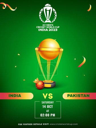 Ilustración de ICC Copa Mundial de Cricket Masculino India 2023 Partido Entre India vs Pakistán con Corona Realista en Pelota Roja y Copa Trofeo Campeones de Oro. - Imagen libre de derechos