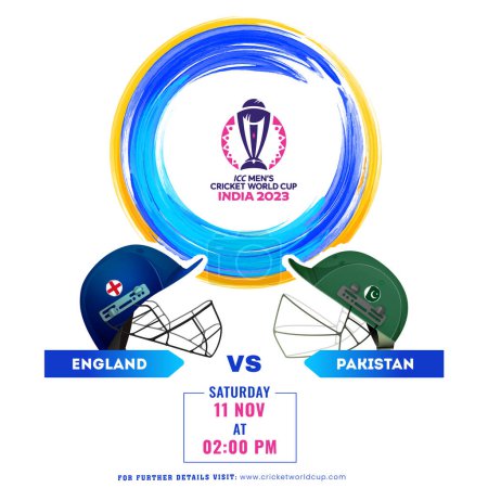 Illustration for ICC Men's Cricket World Cup India 2023 Match Between England VS Pakistan with Cricket Attire Helmets on White Background. - Royalty Free Image
