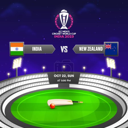Ilustración de ICC Copa Mundial de Cricket Masculino India 2023 partido entre la India VS Nueva Zelanda, Vista nocturna del estadio. - Imagen libre de derechos