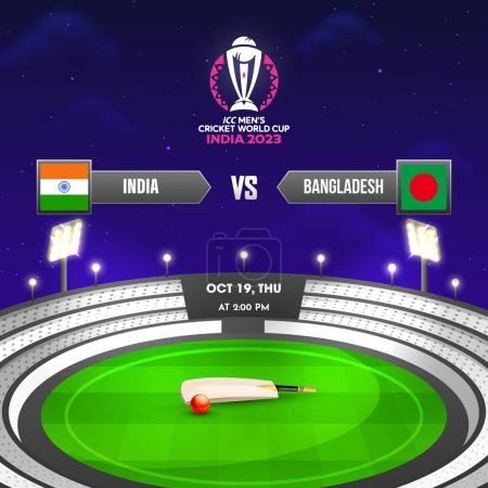 Ilustración de ICC Copa Mundial de Cricket Masculino India 2023 Partido Entre India vs Bangladesh, Vista Nocturna del Estadio. - Imagen libre de derechos
