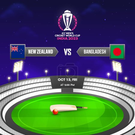 Ilustración de ICC Copa Mundial de Cricket Masculino India 2023 Partido Entre Nueva Zelanda vs Bangladesh, Vista nocturna del estadio. - Imagen libre de derechos