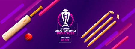 Illustration for ICC Men's Cricket World Cup India 2023 Banner or Header Design in Purple Color and Realistic Cricket Tournaments. - Royalty Free Image