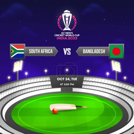 Ilustración de ICC Copa Mundial de Cricket Masculino India 2023 Partido Entre Sudáfrica vs Bangladesh, Vista nocturna del estadio. - Imagen libre de derechos