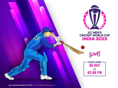 Ilustración de Copa Mundial de Cricket Masculino ICC India 2023 Diseño de póster en color blanco y púrpura, ilustración del jugador de bateo golpeando la pelota. - Imagen libre de derechos