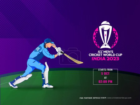 Illustration for ICC Men's Cricket World Cup India 2023 Poster Design with Character of Batter Player in Playing Pose on Playground. - Royalty Free Image