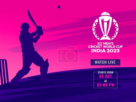 Ilustración de ICC Copa Mundial de Cricket Masculino India 2023 Diseño de póster en color rosa y púrpura y jugador de bateo de silueta golpeando la pelota. - Imagen libre de derechos