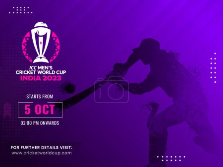 Illustration for ICC Men's Cricket World Cup India 2023 Poster Design in Purple Color and Dispersion Effect Batter Player in Playing Pose. - Royalty Free Image