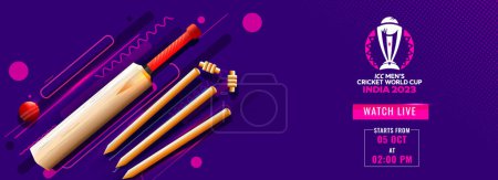 Illustration for ICC Men's Cricket World Cup India 2023 Banner or Header Design in Purple Color and Cricket Tournaments. - Royalty Free Image