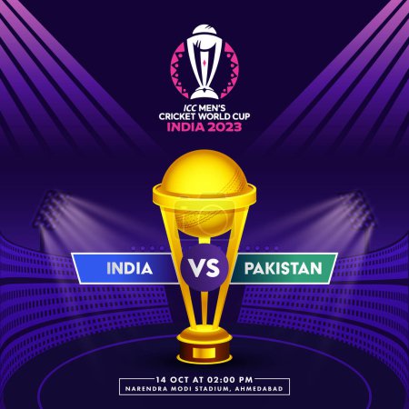 Illustration for ICC Men's Cricket World Cup India 2023 Match Between India VS Pakistan with Realistic Golden Champions Trophy Cup. - Royalty Free Image