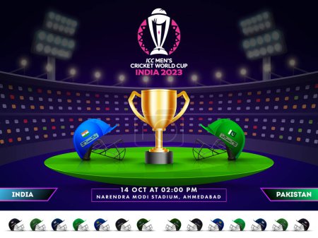 Illustration for ICC Men's Cricket World Cup India 2023 Match Between India VS Pakistan with Realistic Attire Helmets Facing Each Other and Golden Champions Trophy Cup on Stadium. - Royalty Free Image