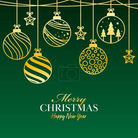 Téléchargez les illustrations : Joyeux Noël & amp ; Bonne année concept avec pendaison boules d'or et étoiles sur fond vert. - en licence libre de droit