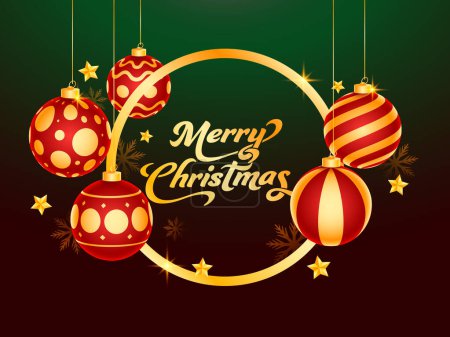 Golden Merry Christmas Font Text Frame With Hanging 3D Baubles, Stars And Snowflakes Decorated Brown and Green Background.